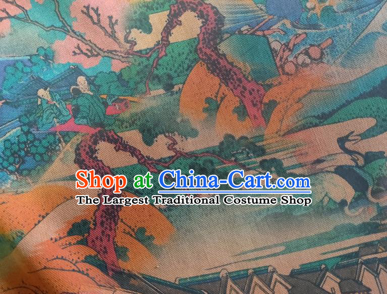 Chinese Traditional View Pattern Blue Silk Fabric Mulberry Silk Fabric Hanfu Dress Material