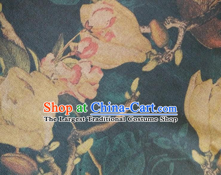 Chinese Traditional Magnolia Pattern Atrovirens Silk Fabric Mulberry Silk Fabric Hanfu Dress Material