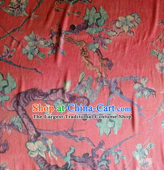 Chinese Traditional Plum Blossom Pattern Red Silk Fabric Mulberry Silk Fabric Hanfu Dress Material