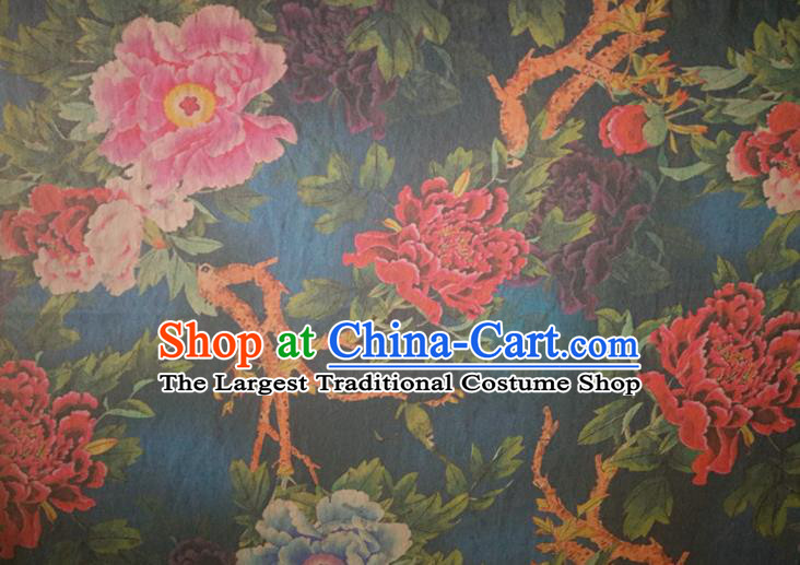 Chinese Traditional Peony Flowers Pattern Deep Blue Silk Fabric Mulberry Silk Fabric Hanfu Dress Material