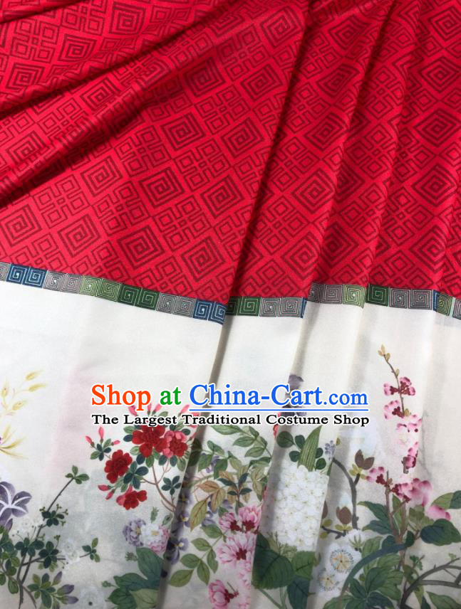Chinese Traditional Flower Bird Pattern Red Hanfu Fabric Flax Fabric Hanfu Dress Material
