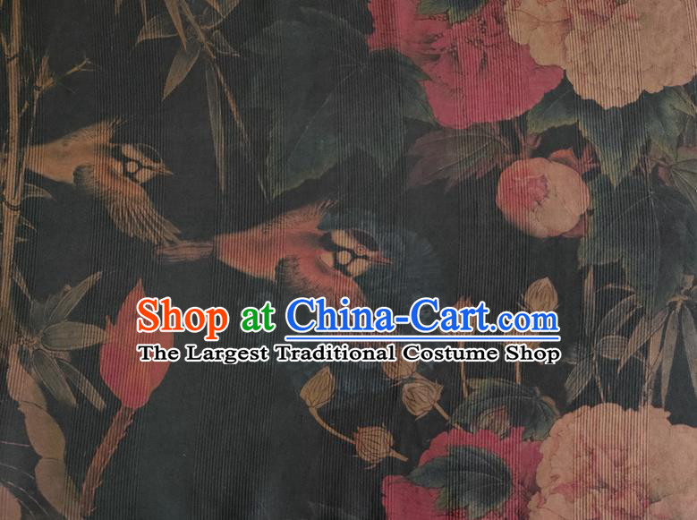 Chinese Traditional Bamboo Peony Pattern Navy Silk Fabric Mulberry Silk Fabric Hanfu Dress Material