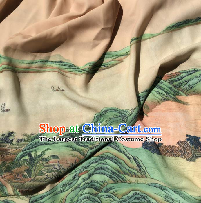 Chinese Traditional Landscape Pattern Flax Fabric Mulberry Silk Fabric Hanfu Dress Material