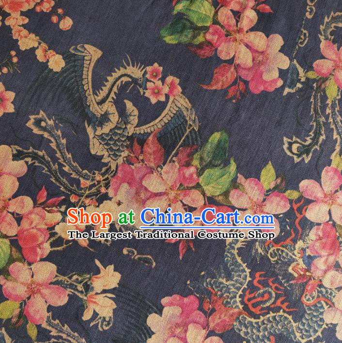 Chinese Traditional Dragon Phoenix Pattern Navy Silk Fabric Mulberry Silk Fabric Hanfu Dress Material