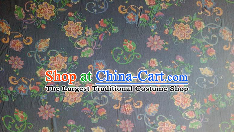 Chinese Traditional Flowers Pattern Navy Silk Fabric Mulberry Silk Fabric Hanfu Dress Material