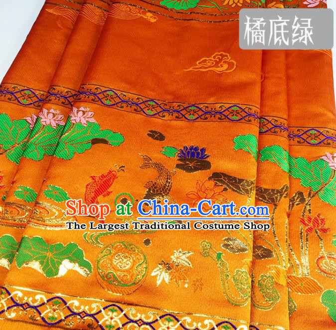 Chinese Traditional Fishes Lotus Pattern Orange Brocade Fabric Silk Satin Fabric Hanfu Material