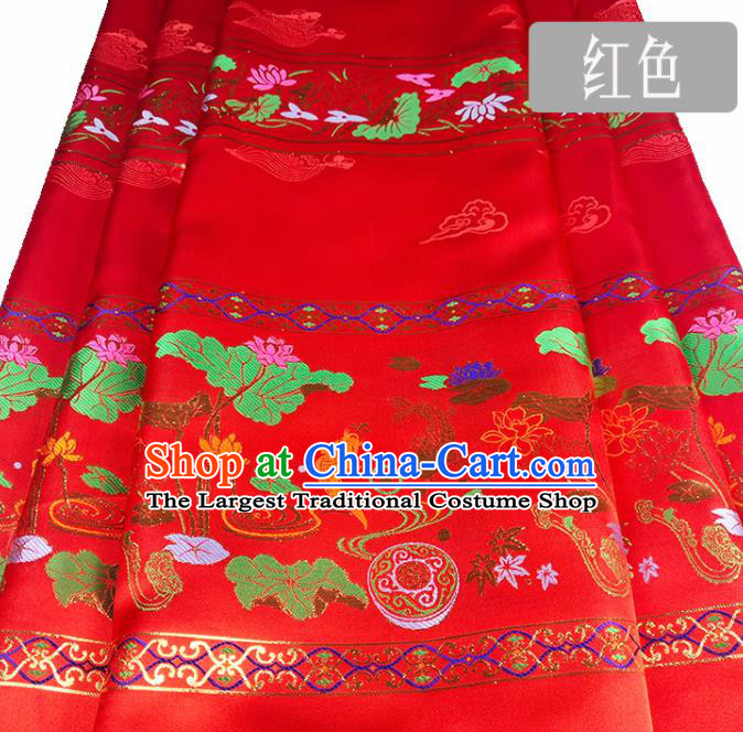 Chinese Traditional Fishes Lotus Pattern Red Brocade Fabric Silk Satin Fabric Hanfu Material