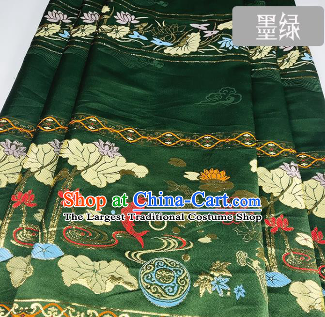 Chinese Traditional Fishes Lotus Pattern Deep Green Brocade Fabric Silk Satin Fabric Hanfu Material