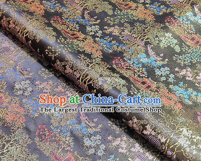 Chinese Traditional Scenery Pattern Black Brocade Fabric Silk Satin Fabric Hanfu Material