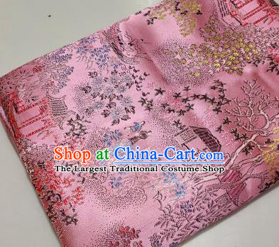 Chinese Traditional Scenery Pattern Pink Brocade Fabric Silk Satin Fabric Hanfu Material