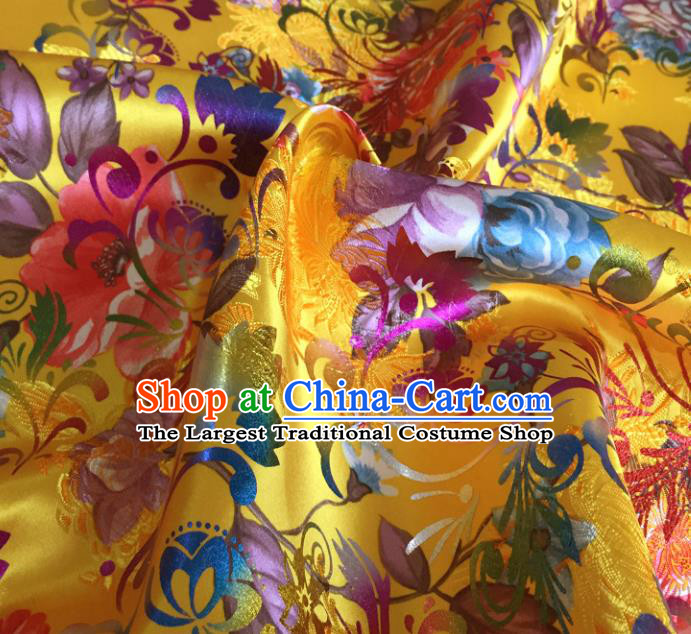 Chinese Traditional Peony Flowers Pattern Yellow Brocade Fabric Silk Satin Fabric Hanfu Material