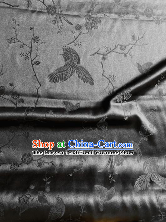 Chinese Traditional Flowers Birds Pattern Black Silk Fabric Hanfu Material