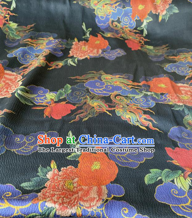 Chinese Traditional Cloud Peony Pattern Black Silk Fabric Hanfu Gambiered Guangdong Gauze Material