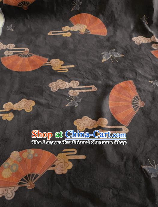 Chinese Traditional Butterfly Fan Pattern Black Silk Fabric Hanfu Gambiered Guangdong Gauze Material