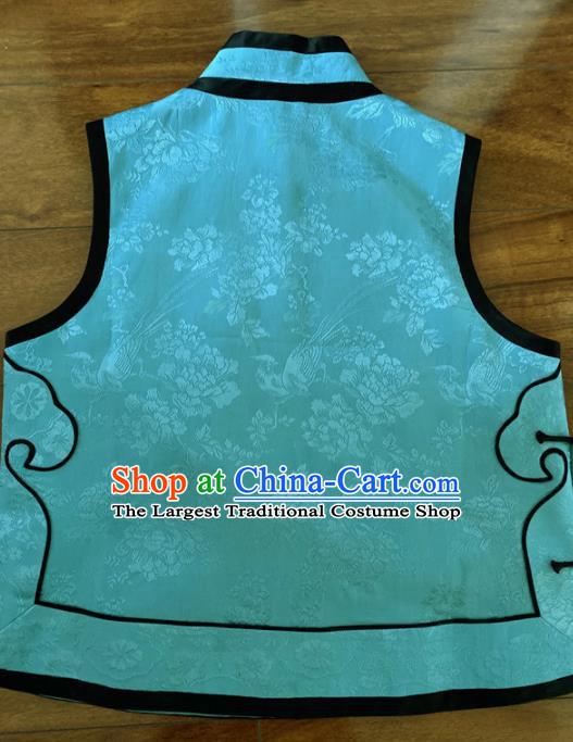 Chinese Traditional Embroidered Blue Silk Vest Tang Suit Waistcoat for Women