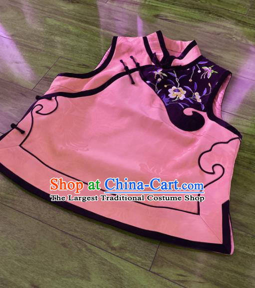 Chinese Traditional Embroidered Pink Silk Vest Tang Suit Waistcoat for Women