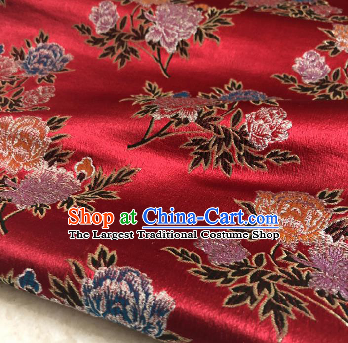 Chinese Traditional Peony Pattern Red Silk Fabric Hanfu Brocade Material