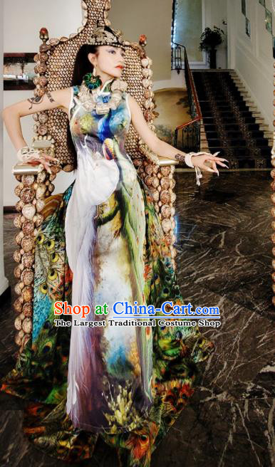 Chinese Traditional National Printing Peacock Silk Dress Tang Suit Cheongsam Costume for Women