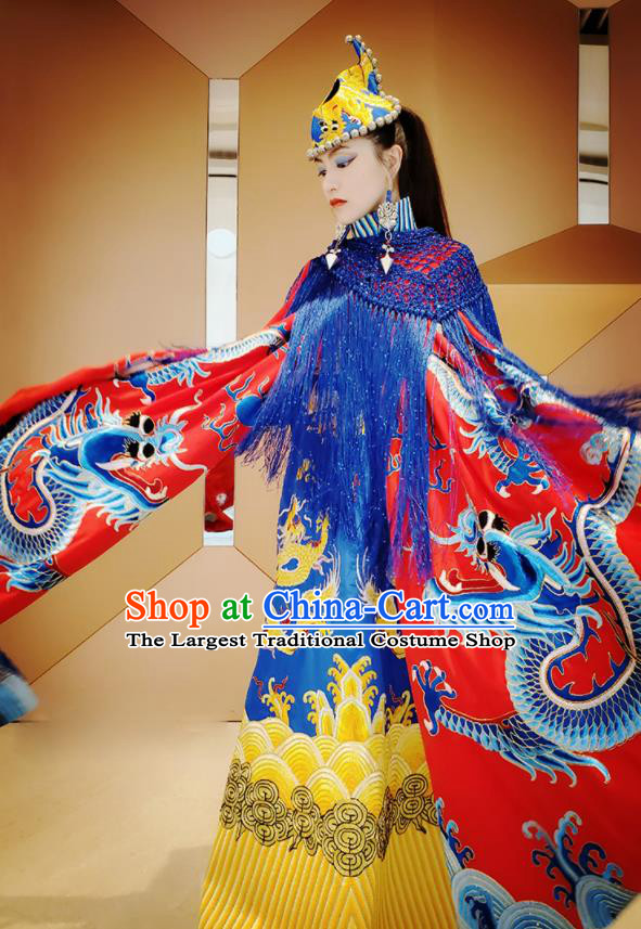 Chinese Traditional Embroidered Dragon Red Cloak Tang Suit Cape Costume for Women