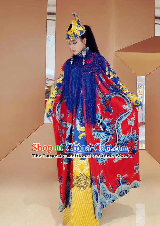 Chinese Traditional Embroidered Dragon Red Cloak Tang Suit Cape Costume for Women