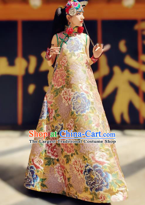 Chinese Traditional National Printing Peony Yellow Brocade Qipao Dress Tang Suit Cheongsam Costume for Women