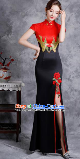 Chinese Compere National Embroidered Black Qipao Dress Traditional Cheongsam Costume for Women