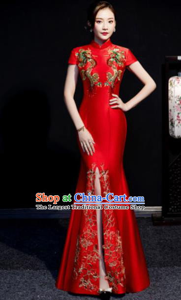 Chinese Compere National Embroidered Red Qipao Dress Traditional Cheongsam Costume for Women