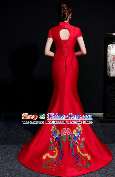 Chinese Compere National Embroidered Phoenix Red Qipao Dress Traditional Cheongsam Costume for Women