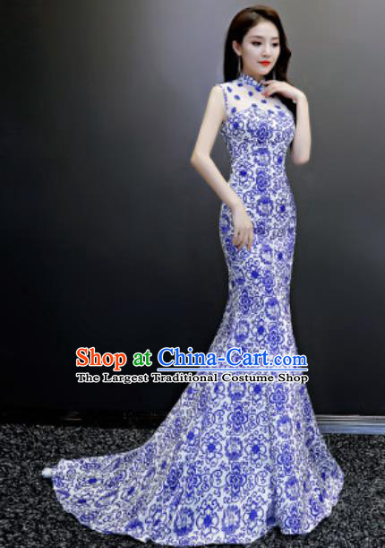 Chinese National Blue Printing Trailing Qipao Dress Traditional Compere Cheongsam Costume for Women