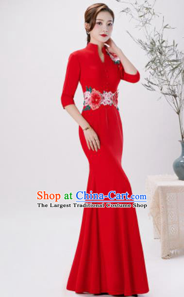 Chinese Compere National Embroidered Peony Red Qipao Dress Traditional Cheongsam Costume for Women