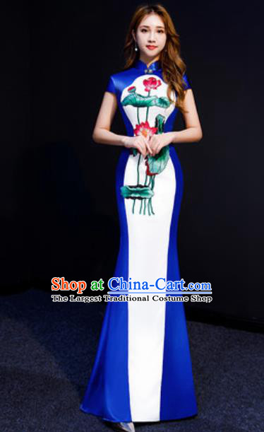 Chinese National Embroidered Lotus Qipao Dress Traditional Compere Cheongsam Costume for Women