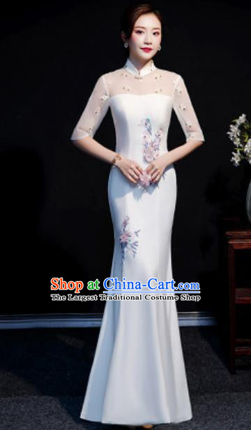 Chinese Compere National White Qipao Dress Traditional Cheongsam Costume for Women