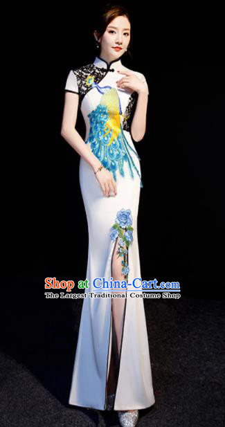 Chinese Traditional Embroidered Peacock White Qipao Dress Spring Festival Gala Compere Cheongsam Costume for Women