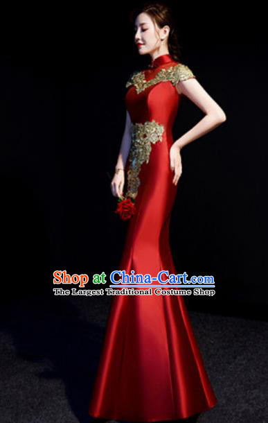 Chinese Traditional Bride Embroidered Wine Red Qipao Dress Spring Festival Gala Compere Cheongsam Costume for Women