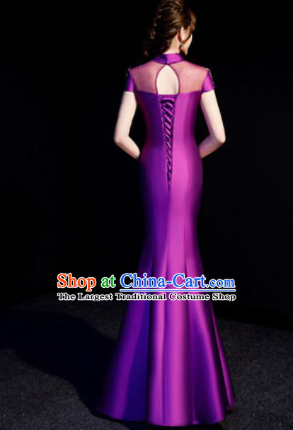 Chinese Traditional Bride Embroidered Purple Qipao Dress Spring Festival Gala Compere Cheongsam Costume for Women