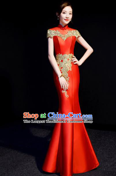 Chinese Traditional Bride Embroidered Red Qipao Dress Spring Festival Gala Compere Cheongsam Costume for Women