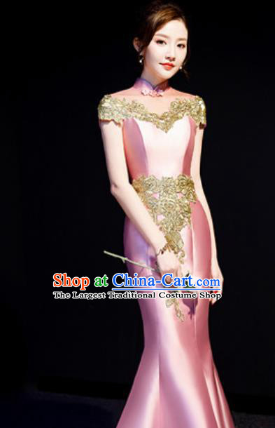 Chinese Traditional Bride Embroidered Pink Qipao Dress Spring Festival Gala Compere Cheongsam Costume for Women