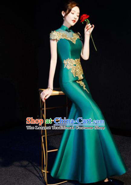 Chinese Traditional Bride Embroidered Green Qipao Dress Spring Festival Gala Compere Cheongsam Costume for Women