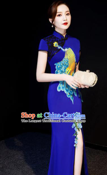Chinese National Embroidered Peacock Royalblue Qipao Dress Traditional Compere Cheongsam Costume for Women
