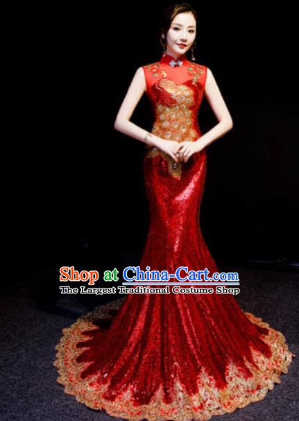 Chinese National Embroidered Peacock Red Trailing Qipao Dress Traditional Compere Cheongsam Costume for Women