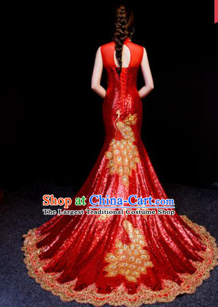 Chinese National Embroidered Peacock Red Trailing Qipao Dress Traditional Compere Cheongsam Costume for Women