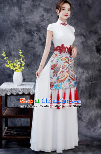 Chinese Chorus Printing White Chiffon Qipao Dress Traditional National Compere Cheongsam Costume for Women