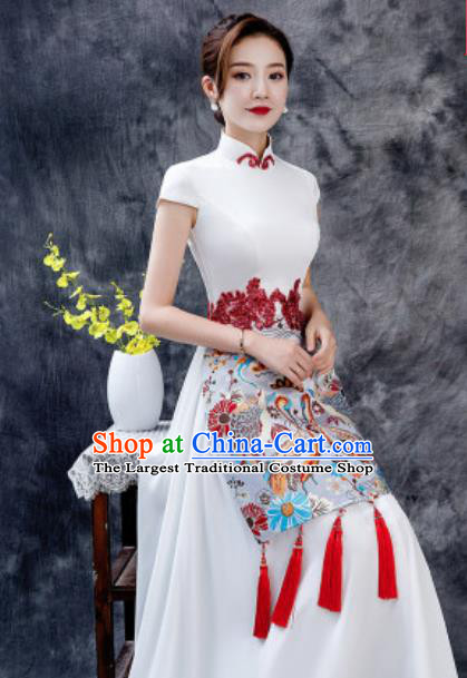 Chinese Chorus Printing White Chiffon Qipao Dress Traditional National Compere Cheongsam Costume for Women