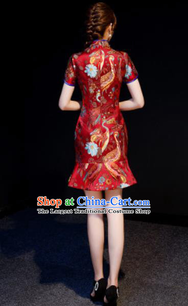 Chinese Chorus Red Brocade Short Qipao Dress Traditional National Compere Cheongsam Costume for Women