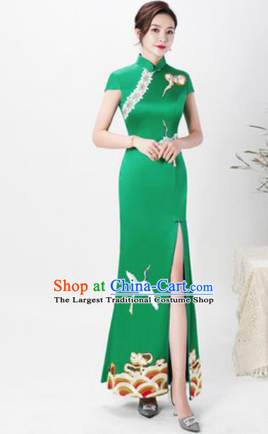 Chinese Chorus Green Full Dress Traditional National Compere Cheongsam Costume for Women