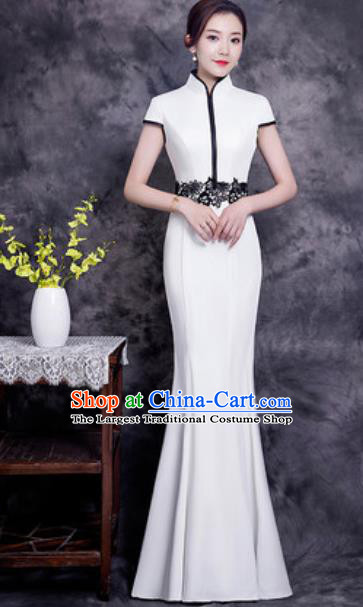 Chinese Chorus White Long Qipao Dress Traditional National Compere Cheongsam Costume for Women