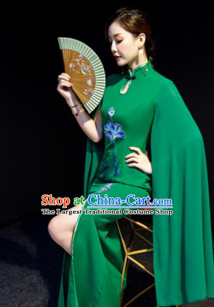 Chinese National Embroidered Lotus Green Qipao Dress Traditional Compere Cheongsam Costume for Women