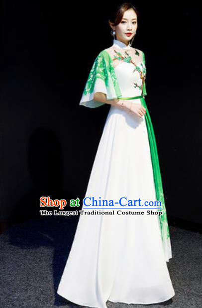 Chinese National Embroidered Plum Green Qipao Dress Traditional Compere Cheongsam Costume for Women