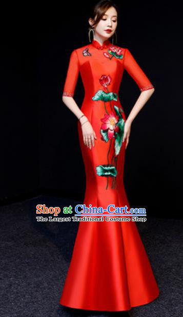 Chinese National Embroidered Lotus Red Qipao Dress Traditional Compere Cheongsam Costume for Women