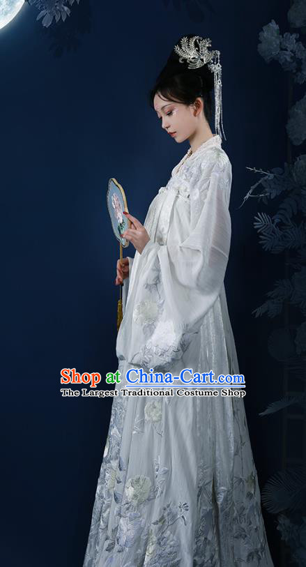 Chinese Tang Dynasty Royal Princess White Embroidered Dress Traditional Ancient Imperial Consort Costumes for Women